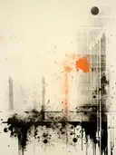 Abstract schilderij met verfspatten en druipeffecten in zwart en oranje op crème achtergrond