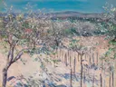 Verger aux pommiers en fleurs, Colombes van Gustave Caillebotte: landschap met boomgaard, appelbomen, bloesem en lente, in wit, roze en blauw