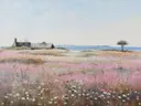 Schilderij van een verlaten huis aan zee tussen een bloemenveld