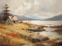 Landschapsschilderij van een oude hut aan een meer met bergen op de achtergrond.