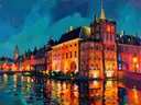 Verlichte gracht in kleurrijk modern, schilderij