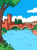 Verona, Castelvecchio in cartoonstijl, schilderij van Verona