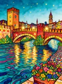 Verona, Ponte Pietra in bonte kleuren, schilderij van Verona