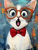Schilderij van een verraste witte kat met een oranje bril, rood strikje en open mond tegen een blauwe achtergrond