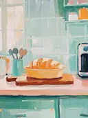 Schilderij van een aangesneden brood in een schaal op een snijplank in de keuken.