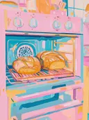 Schilderij van twee broden die bakken in een roze oven.
