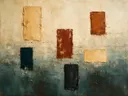 Meswerk schilderij, verspreide blokken in Rust en Teal
