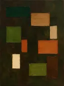 Paletmes abstract schilderij, verspreide blokken in aardetinten