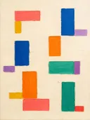 Paletmes abstract schilderij, verspreide blokken in fel koraal