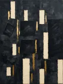 Paletmes abstract schilderij, verspreide blokken in grafiet en goud