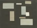 Paletmes abstract schilderij, verspreide blokken in mist