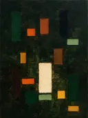 Paletmes abstract schilderij, verspreide blokken in mos en oker