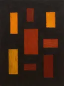 Paletmes abstract schilderij, verspreide blokken in saffraan en roest