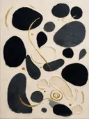Paletmes abstract schilderij, verspreide vormen in grafiet en goud