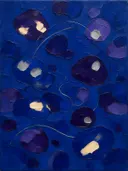 Paletmes abstract schilderij, verspreide vormen in kobalt en violet