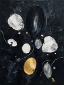 Paletmes abstract schilderij, verspreide vormen in ravenzwart en parelmoer