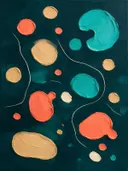 Paletmes abstract schilderij, verspreide vormen in turkoois en zand