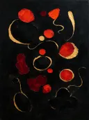 Paletmes abstract schilderij, verspreide vormen in vuurrood