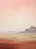 Landschapsschilderij van een rotsformatie in een woestijnvlakte bij zonsondergang.