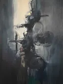 Abstract schilderij met donkere penseelstreek in mistig grijs