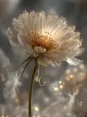 Schilderij van een verdroogde gloeiende bloem tussen dwarrelende witte veren