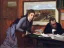 Verstimmtheit anagoria van Edgar Degas: figuren met man, vrouw, kantoor en tafel, in warm bruin en blauw