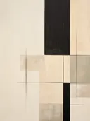Abstracte compositie met een zwarte verticale baan tussen zandkleurige vlakken.