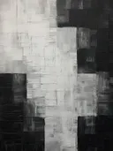 Abstract schilderij met verticale vlakken in beige, wit en zwart.