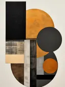 Abstract schilderij met een zwarte balk, oranje koepelvorm en meerdere cirkels.