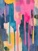 Abstract schilderij met verticale druipende verfstrepen in paars, blauw, geel en roze