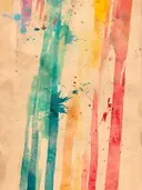 Abstract schilderij met verticale verfstrepen in paars, turquoise, geel en roze