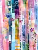 Verticale kleurstroken in roze en blauw met kleine bloemmotieven en patronen