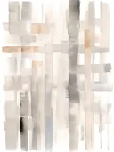 Abstracte compositie met verticale banen in zand, grijs en okerkleur.