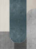 Abstract grafisch schilderij met verticale strepen en teal vormen