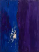 Paletmes abstract schilderij, verticale vlakken in kobalt en violet