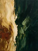 Paletmes abstract schilderij, verticale vlakken in mos en oker