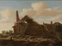 Vervallen boerderij van Jacob van Ruisdael: landschap met boerderij, rieten dak, vervallen en wolken, in warm bruin en grijs