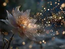 Schilderij van een bloem waarvan gouden lichtdeeltjes wegwaaien.