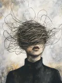 Portretschilderij van een vrouw met haar gezicht bedekt door verward, wapperend haar