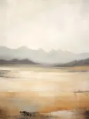 Landschapsschilderij van een grijze bergketen boven een goudkleurige vallei.