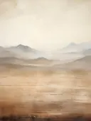 Landschapsschilderij van een goudbruine vlakte met bergen in mist.
