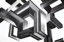 Zwart-wit gestreepte geometrische balken die elkaar kruisen in een abstracte constructie