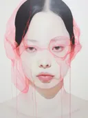 Close-up portret van een vrouw met donker haar, met een surrealistisch rood adertjes-web over het gezicht.