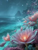 Schilderij van onderwaterbloemen bij paarse kliffen aan zee