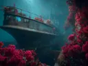 Schilderij van een verzonken scheepswrak begroeid met rode bloesems
