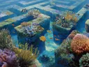 Schilderij van verzonken stenen terrassen onderwater met doorschijnend zonlicht