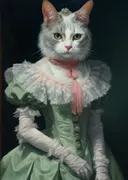 Kat in Victoriaanse jurk schilderij, speels dierenportret met tiara