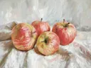 Schilderij van vier appels op een wit linnen doek.