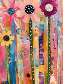 Vier bloemen met stippenhart, botanisch schilderij