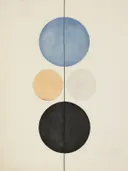 Abstracte compositie met vier verticaal gerangschikte cirkels in blauw, beige, wit en zwart